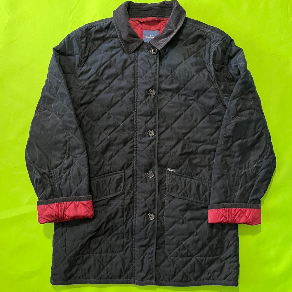 Faconnable Navy Quilted Barn Jacket Corduroy Collar Red Lining Small